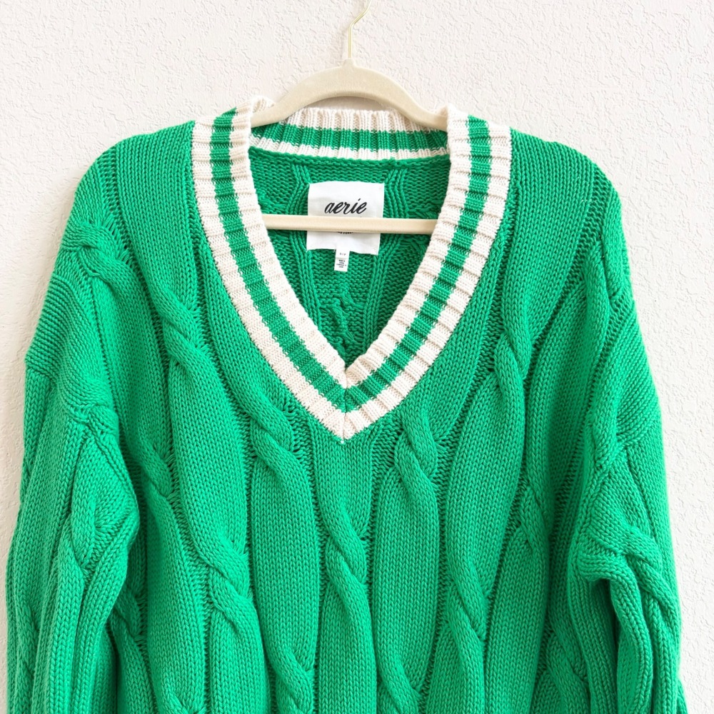 Aerie Kelly Green Cable Knit Varsity V-Neck Sweater Sz S Cotton Tennis Prep - Picture 2 of 11
